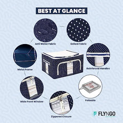 FLYNGO Foldable Steel Frame Clothes Organizer Storage Box For Wardrobe, Saree, Shirts, And Blankets (66 Ltr - Pack Of 2, Oxford Fabric), Blue