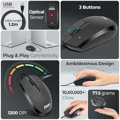 Foxin Glance Grey Wired USB Mouse | 1200 DPI Optical Sensor | Ergonomic & Lightweight (68g) with 3-Button | Plug & Play | 1.2M Cable | Silent Buttons | Wired Mouse for Laptop, PC, Desktop & Office Use