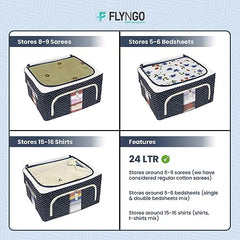 FLYNGO Foldable Steel Frame Clothes Organizer Storage Box For Wardrobe, Saree, Shirts, And Blankets (66 Ltr - Pack Of 2, Oxford Fabric), Blue
