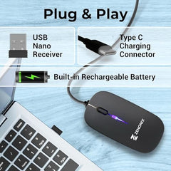 ZENONIX Zen-Slim Wireless Mouse with Rechargeable Battery, BT + 2.4GHz, 4 Buttons, 800/1200/1600 DPI, Silent Operation, Multicolor LED Lights
