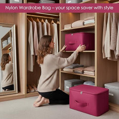 Storite 2 Pack Nylon Wardrobe Bag Underbed Cloth Storage Organizer | Moisture Proof Storage Bag, Storage box for Clothes Saree Bags, Zippered Closure & Handle - Magenta,37x34x23 cm