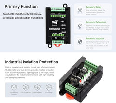 Industrial-Grade Isolated 2-Ch RS485 Hub, Expands 2-CH RS485 Sub Ports Via 1-CH RS485 Master Port, Supports RS485 Network Relay/Extension/Isolation Functions, Wide Baud Rate Range