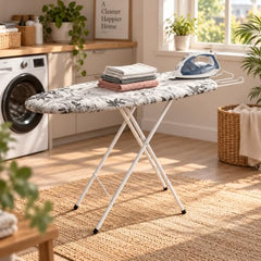 Smart Shelter Ironing Board with Adjustable Height, 111x30 CM | 16 mm Metal Bracket, Pure Cotton Cover, Foldable Design, Black and White Print, Home Use