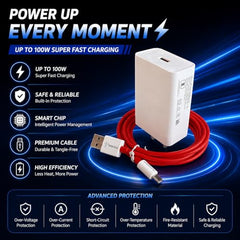 100W Fast Charger with 1 Meter USB to Type-C Cable Compatible with Vooc/SuperVOOC/Warp/Dart/Flash Charging for OnePlus Oppo Realme Vivo Xiaomi Samsung Type C Devices