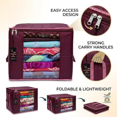 VR ATULIT BY CHOOSY 12 Flap Saree Bag | Clothes Storage Bag for Sarees, Blankets | Large Storage Bag for Clothes with Transparent Zip Covers | Foldable Quilted Bag Organizer with Handle for Wardrobe