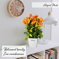 Asharya® Artificial Flower Plants for Home Décor – Set of 4 Mini Potted Plants (7 Inch) in White Pots | Pink, Yellow, Red & Blue Faux Flowers for Living Room, Office, Indoor Outdoor Decoration