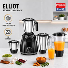 Prestige Elliot 750 Watt 3 Jar Mixer Grinder | Hybrid Copper Motor | 3 Speed Control with Pulse Function | 3 Stainless Steel Jars| Sturdy Ergonomic Handles| 2Y Warranty | ISI Certified