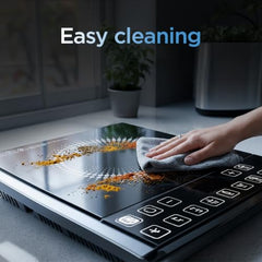 Preethi Indicook IC124 2100W Induction Cooktop, 8 Preset Indian Menus | Crystal glass surface with soft-touch controls, custom temperature and timer settings, plus high-voltage surge protection