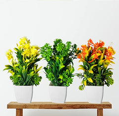 Asharya® Artificial Flower Plants for Home Décor – Set of 4 Mini Potted Plants (7 Inch) in White Pots | Pink, Yellow, Red & Blue Faux Flowers for Living Room, Office, Indoor Outdoor Decoration