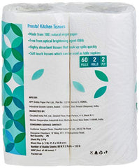 Amazon Brand - Presto! 2 Ply Kitchen Tissue Paper Roll | 720 Pulls | 60 Kitchen Towels X 12 Rolls | Soft And Highly Absorbent | 100% Natural Virgin Cellulose Fiber