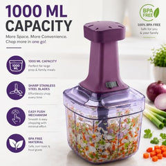 MAGIC SPOON Hand Push Chopper 1000ML, Vegetable & Onion Chopper with 4 Stainless Steel Blades, Manual Food Chopper for Garlic, Chilli, Dry Fruits, Nuts Cutter & Salad Preparation for Kitchen, Pista