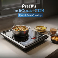 Preethi Indicook IC124 2100W Induction Cooktop, 8 Preset Indian Menus | Crystal glass surface with soft-touch controls, custom temperature and timer settings, plus high-voltage surge protection