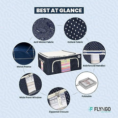 FLYNGO Foldable Steel Frame Clothes Organizer Storage Box For Wardrobe, Saree, Shirts, And Blankets (66 Ltr - Pack Of 2, Oxford Fabric), Blue