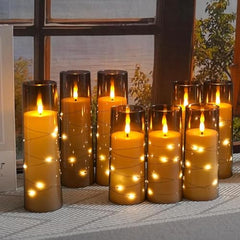 Flameless LED Pillar Candle Set of 2 | Acrylic Fiber Glass | Dancing Faux Wick | Remote Control with Battery Operated 3 AA | Home Décor & Gifting | 3" D x 6" H | Red