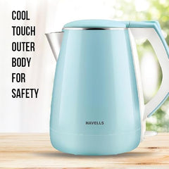 Havells Electric Kettle Altro 1250 Watts 1.5 liters, Double Layered Cool Touch Outer Body | 304 Rust Resistant SS Inner Body with Auto Shut Off | Wider Mouth | 2 Yr Manufacturer Warranty (Black)