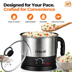 ITALIA Premium Electric 600W Multi Kettle 1.2L with Stainless Steel Body, Egg Rack, Grill Rack, 3 Heating Modes & Rapid Boil Technology, Boiling Water, Tea, Coffee, Oats, Noodle, Soup, Black