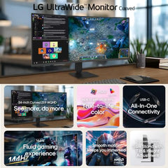 LG 34U640B Smartchoice 86 cm (34 Inch) 21:9 UltraWide WQHD (3440x1440) Curved Monitor(1800R), 144Hz, sRGB 99%, HDR10, Anti-Glare, HDMI X 2, DP, USB-C (PD 65W), PBP, PIP, Tilt/Height Adjustable Stand