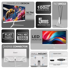 Foxin 24 Inch FHD Flat LED Monitor 1920x1080 Pixel Elite Series | Flat Panel, HDMI & VGA Port, 100Hz Refresh Rate, Frameless, Slim Bezel, Wall Mountable, 16.7 M Colors | 3 Years Warranty | White