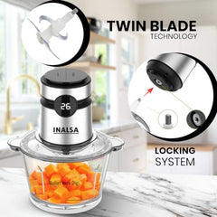 INALSA Electric Chopper For Kitchen With Digital Display|500 Watt Copper Motor|1.8 L Capacity Glass Bowl|Twin Blade Technology|2 Speed Settings|Onion,Vegetable Chopper,Meat Grinder (Bullet Inox Digi)
