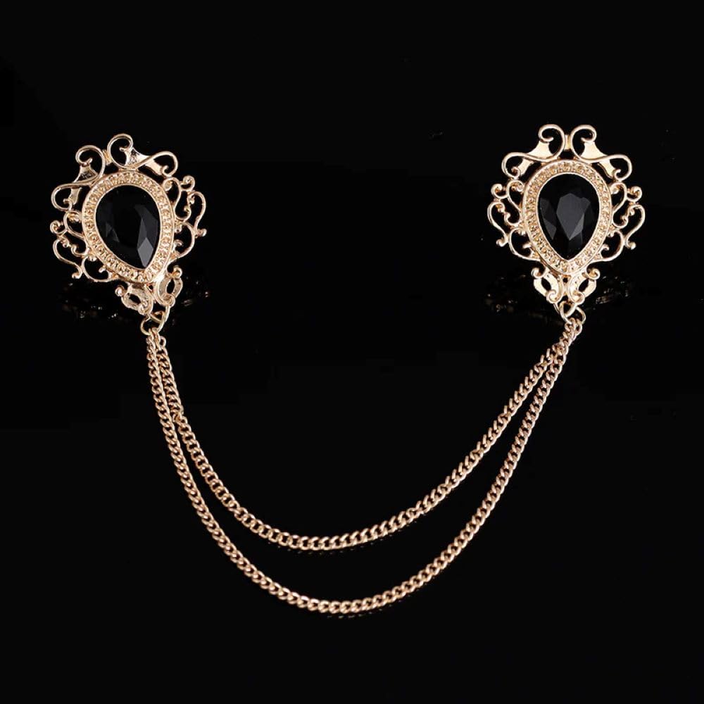 SYGA Men's & Women Suit Shirt Stud Lapel Pin Chain Tassel Brooch Pin with Crystal Chain(Vintage black gemstone)