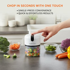 Amazon Basics Mini Electric Chopper | 250 ml | Rechargeable | One touch operation | Sharp Blades | 30 W | Food Grade Bowl | Sharp Blades For Mincing Garlic, Veggies, Onion, Nuts | Grey