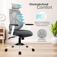 ASTRIDE Ergofit ISI Certified Ergonomic Office Chair for Work | 2D Headrest, Adjustable Arms & Lumbar Support | Single Lock Mechanism DIY [Grey-White]