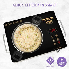 Borosil 2200W Smart Kook Infrared Induction | Digital Display with Touch Buttons | Glass Crystallite Plate | 8 Preset Modes | Auto Cooling Fan | 1 Year Warranty | Made in India