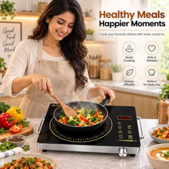 Infrared Cooktop with Crystal Glass & Touch Panel | 2200 Watt | 4 Pre set cooking Modes | Stir-fry | BBQ | Hot Pot | Steam | 60°C to 600°C | Digital time & Watt display