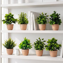 amazon basics Artificial Potted Plants, Artificial Plastic Eucalyptus Plants Small Indoor Potted Houseplants, Small Faux Plants for Home Decor Bathroom Office Farmhouse (Set of 8)