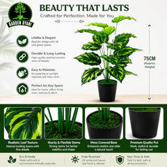 GARDEN GYANI Artificial Areca Palm Plant with Black Pot – 145 cm Tall Faux Tropical Decorative Plant with 35 Leaves for Home, Office & Living Room Décor