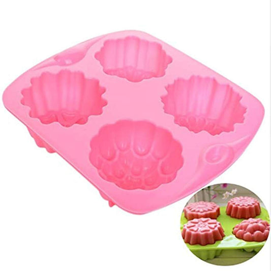 SYGA 4 Cavity Different Flowers Designs Muffins Jelly Candle Soap Silicon Mould (Colour May Vary)