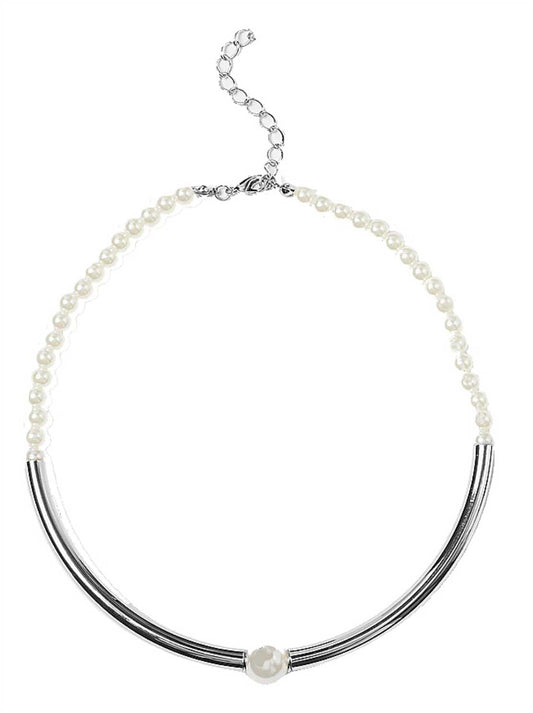 SYGA Pearl Style Metal Copper Fashion Necklace Jewellery For Women, Engagement, Gift, Party - Silver