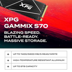 XPG ADATA GAMMIX S70 Blade M.2 NVME 1TB PCIe Gen4x4 2280 Internal Solid State Drive/SSD, Read/Write Speed Up to 7,400/6800 MB/s - (AGAMMIXS70B-1T-CS) Compatible with PC, Laptop and Play Station 5