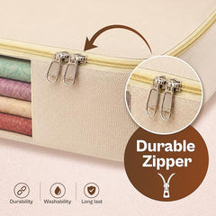 JD FRESH 3 Pcs Cotton Saree Covers/Storage Bags with Zip Cover/Space Saving Bag with Transparent Window/Wardrobe & Cupboard Organizer for Clothes/Bedsheets/Lehengas (16 x 13 x 3 Inch/Off White)