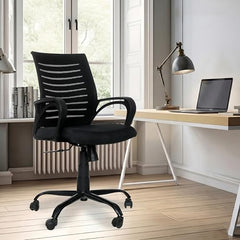 Amazon Brand - Solimo Worklo Mid Back Office Chair for Work from Home | Study | Revolving | Computer (Heavy Duty Powder Coated Metal Base, Stylish Black Mesh)