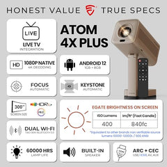 E GATE Atom 3X Projector 4k Ultra HD, Automatic Keystone & Precise Focus, 1080p Native | Rotatable Design | Android 14, Netflix Prime 11,000 Lumens, HDMI-ARC WiFi-6 BT, for Home use Egate