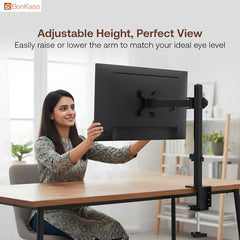 BonKaso Adjustable Single Arm Monitor Stand for Desk | Alloy Steel Durable Mount for 13”-27” Screens | 360° Rotation, Height Adjustable, Cable Management, Space Saving Monitor Arm (Black & White)