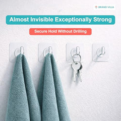 BRAND VILLA Transparent Self Adhesive Wall Hooks, Heavy Duty No Drill Nail Free Sticky Hooks for Kitchen, Bathroom, Keys, Towels & Home Organization (Pack of 10)