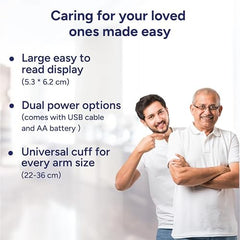 1MG Tata Arm Blood Pressure Monitor | Fully Automatic Portable Digital BP Machine For Home | Large LCD Display | Powered With USB Cable Or AA Batteries | Stores 90 Sets Of Memory For 2 Users, White