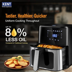 KENT Digital Air Fryer 5L | 1400W | Bake, Grill & Roast | Up to 80% Less Oil Usage | 8 Preset Menu | Rapid Heat Circulation | Digital Display & Touch Control Panel | Glass Window with in built Light