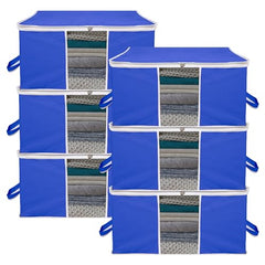 Kuber Industries Non-Woven Underbed Storage Bag|Clothes Storage Organizer|Blanket Cover With Clear Window|Zipper Closure&Handle Cloth Organizer|Plain White Border|Large|Pack Of 6|Royal Blue,32Cm,48Cm