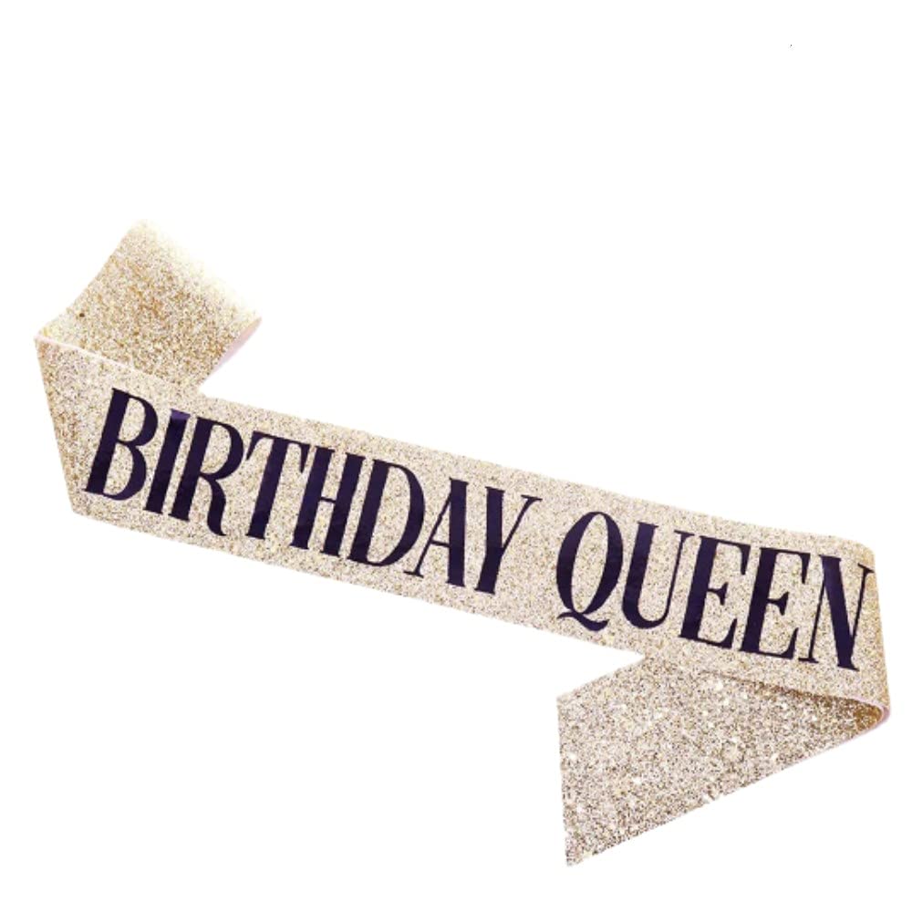 SYGA Birthday Queen Sash Birthday Party Sash Shiny Glitter for Women Girls Princess Elegant Party Decoration Accessory Supplies Gifts for Girl Women with Fun Party Queen Lettering-Gold, 154cm Long