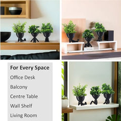 Kuber Industries 3 Pcs Set Plastic Mini Artificial Plants with Pot | Table Top & TV Unit Decorative Items for Living Room | Faux Plants for Home Decor & Office Desk | Man Shape - Black