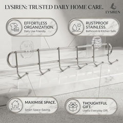 LYSIREN Door Hangers for Clothes, Hanger for Wall – Stainless Steel Bathroom Wall Hook with 6 Hooks, Self Adhesive Magic Sticker Door & Wall Hanger for Towel, Kitchen & Clothes, 5 Kg Capacity, Silver