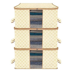 Kuber Industries Non-Woven Underbed Storage Bag | Clothes Storage Organizer | Blanket Cover With Clear Window | Zipper Closure & Handle Cloth Organizer | Check-Design | Large | Pack Of 4 | Cream