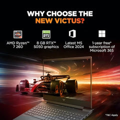 HP Victus, AMD Ryzen 7 260, 8GB RTX 5050 Gaming Laptop,(24GB DDR5,1TB SSD) 144Hz,IPS,300 nits,15.6'(39.6cm) FHD, Win11,M365 Basic(1 year) Office24, Mica Silver, 2.29kg, RGB, Enhanced cooling, fb3185AX
