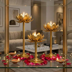 Easyera Decorative Lotus Candle Holder Set of 3| Gold Metal Tealight Holder for Home Decor | Lotus Diya Stand for Diwali, Pooja & Wedding Decoration | 12, 10 & 8 Inch