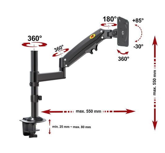 SYGA Monitor Stand Arm Desk Mount Fully Height Adjustable Bracket with C-Clamp & Grommet 180 Tilt Rotation Supports 13 to 27 Inch Monitors and TV - Single MSE01