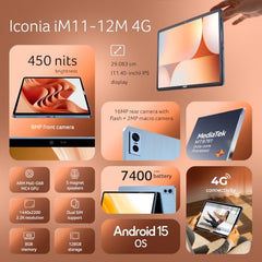 Acer Iconia Tab11 | 11.45" | 2.2K IPS Display, 450 Nit | Quad Speakers | 8GB + 128GB (Expandable) | Wi-Fi + (Calling) | Fingerprint Reader| Slim Metal Body| Blue