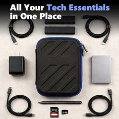 BonKaso Tech Organizer Pouch Hard Shell – Travel Electronics Accessories Case for Charger, USB Cable, Power Bank, Earphones & Hard Drive | Compact EVA Storage Bag – Black & Blue